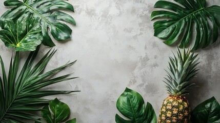 Wall Mural - Isolated of a freshly harvested pineapple with its rough textured skin and vibrant green leaves placed horizontally on a seamless white background Stock Photo with side copy space