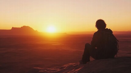 Aufkleber - Traveler watches a breathtaking sunset over vast desert landscape during golden hour. Generative AI