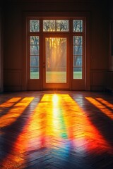 Wall Mural - Sunset light streams through door, illuminating hardwood floor.