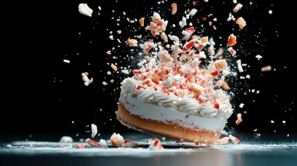 cake bursting apart with flying crumbs, captured in dramatic motion against a black background, illu