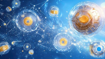 Poster - abstract representation of floating digital spheres with glowing elements in a cosmic background