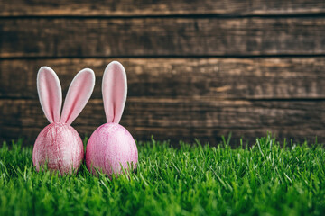 Wall Mural - Two pink Easter eggs in the grass surrounded by colorful flowers and a blue sky, awaiting an Easter egg hunt.