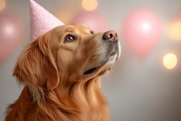 Wall Mural - Golden retriever in a party hat celebrating a birthday with pink balloons in a festive setting