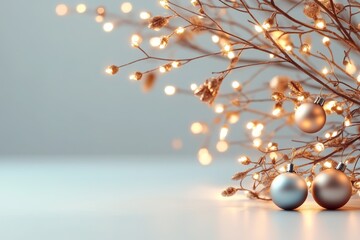 Wall Mural - Holiday decorations with glowing lights and silver ornaments create a warm atmosphere in winter setting