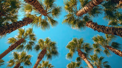 Wall Mural - tall palm trees reach towards the blue sky under bright sunlight creating a serene tropical atmosphe