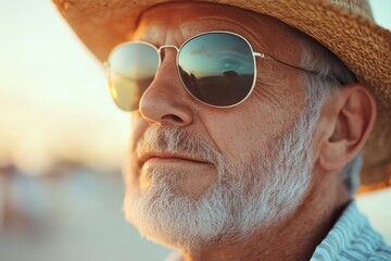 Wall Mural - Senior man enjoying sunset by the beach wearing sunglasses and a straw hat while embracing peaceful moments in nature