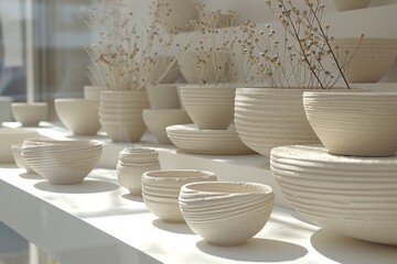 A shelf full of white ceramic bowls and vases