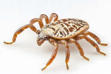 Wall Mural - Close-up of a brown tick with white markings on its back, isolated on a white background.