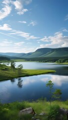 Wall Mural - Calm lake, mountain view, summer sky, nature scene, travel poster.