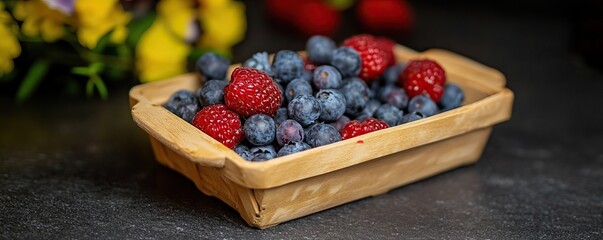 Wall Mural - Fresh mixed berries in a sustainable container on a dark surface.