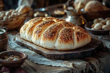 Wall Mural - Freshly baked bread on a wooden board with assorted bowls of food in the background.