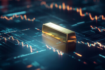 Aufkleber - gold bar is on a computer screen with a lot of numbers and lines. The gold bar is the only thing that stands out in the image