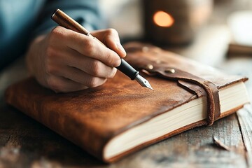 Poster - A close-up of a hand writing with a fountain pen in a leather-bound journal, with ink smudges on the page