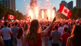 Vibrant Canada Day celebrations in city square with cheerful crowd waving flags under fireworks
