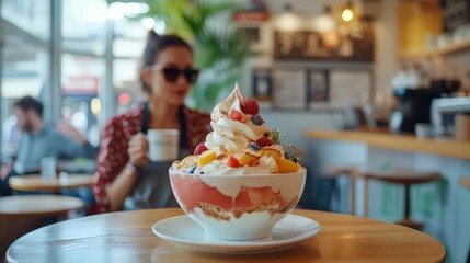 Wall Mural - A woman sitting at a bistro table with a large ice cream sundae dessert in a bowl in front of her. The depth of field makes the cafe background blurred. 