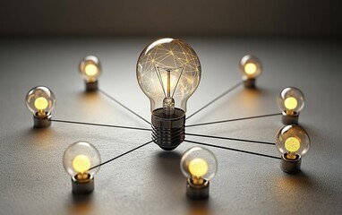 Poster - Central bright lightbulb connected to smaller ones, symbolizing network, idea, innovation, and connection.
