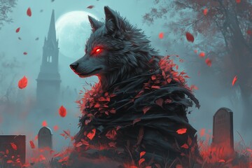 Poster - A dark and gothic illustration of a black wolf standing in a foggy graveyard, surrounded by glowing red eyes and faint tombstones