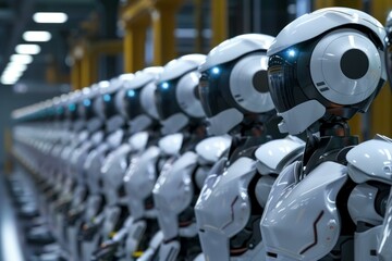 Poster - Army of robots is standing still in a factory, ready to start working