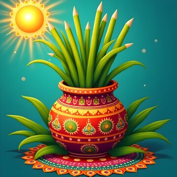 traditional Indian-inspired patterns and motifs adorning the pot and surrounding areas, in a kaleidoscope of colors such as red, orange, yellow, and green, creating a festive and joyful atmosphere.