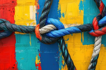 Poster - Colorful ropes knotted against vibrant painted background