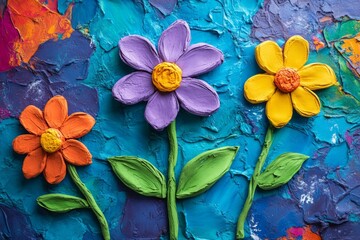 Wall Mural - Three colorful clay flowers with green stems and leaves are growing on a vibrant textured background, adding a touch of whimsy and creativity