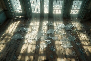 A room with broken glass on the floor and sunlight shining through the windows