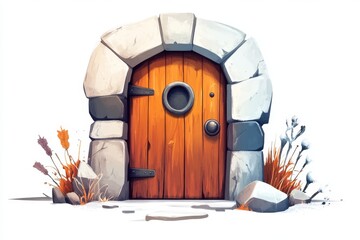 Canvas Print - A flat 2D illustration of a rustic wooden door with a circular handle, set against a plain white background