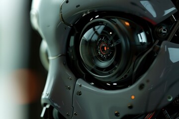Poster - Close up of a futuristic robot head showcasing advanced engineering and artificial intelligence