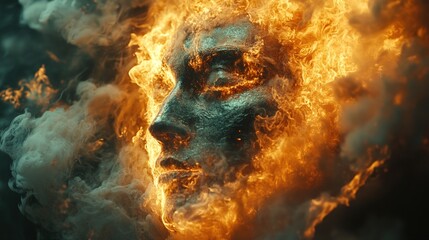 Wall Mural - Fiery face engulfed in smoke and flames.