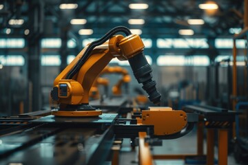 Poster - Modern robotic arms performing tasks on an assembly line in a technologically advanced factory setting