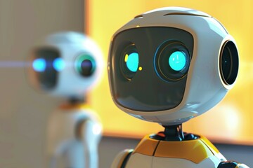 Poster - Two friendly robots with glowing blue eyes are standing in a bright, futuristic environment
