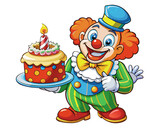Energetic clown spreading joy with a bright cake