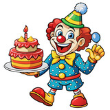 Jolly clown holding a birthday cake to brighten the day
