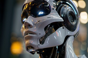 Poster - Close up of a futuristic humanoid robot showing hope and expressing emotion in a technologically advanced cityscape