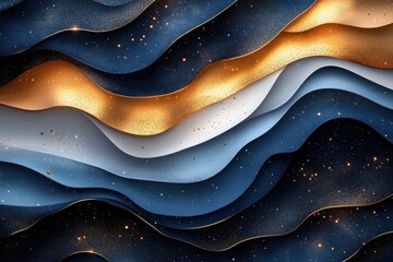 Poster - Beautiful layered abstract design with shimmering waves showcasing shades of blue, gold, and cream