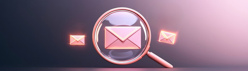 Poster - magnifying glass zooms in on glowing email icons, symbolizing communication and digital messaging. t