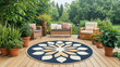 © Leninya - circular outdoor rug with geometric design enhances cozy patio. Surrounded by vibrant plants and comfortable seating, it creates welcoming atmosphere for relaxation