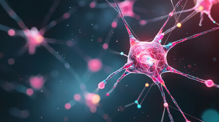 Poster - Digital rendering of neurons connecting in vibrant, colorful network, showcasing intricate details and glowing connections. This captures beauty of neural activity and communication