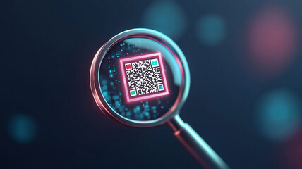 Poster - futuristic magnifying glass scanning QR code, revealing intricate details and vibrant colors. image captures essence of technology and innovation