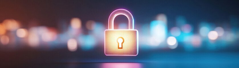 Poster - glowing digital padlock floating in futuristic environment, symbolizing security and technology. vibrant colors create captivating atmosphere