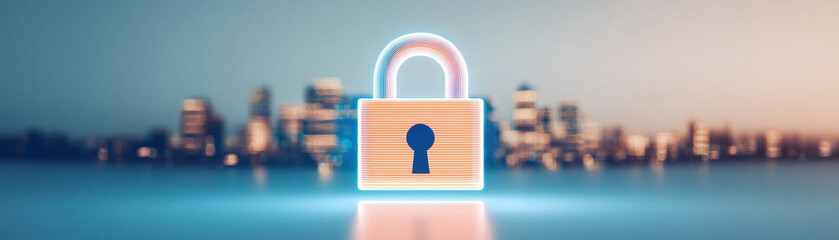 Poster - glowing digital padlock symbolizes security in futuristic cityscape. This captures essence of protection and technology, showcasing vibrant urban background