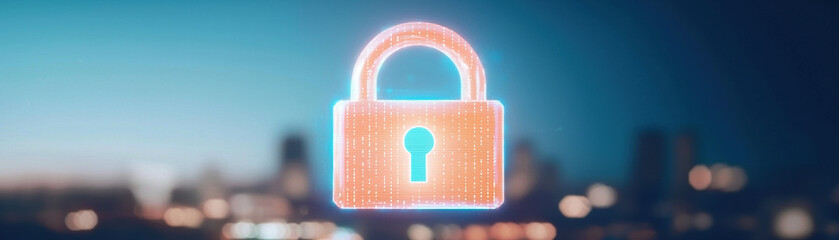 Poster - glowing digital padlock floating in futuristic cityscape, symbolizing security and technology. vibrant colors and modern design evoke sense of innovation and protection