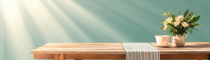Poster - rustic wooden picnic table adorned with vase of flowers and cup, illuminated by soft sunlight, creates warm and inviting atmosphere