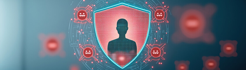 Poster - digital security concept with shield protecting person from threats