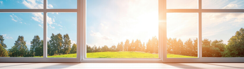Poster - Bright sunlight streams through open window, illuminating lush green landscape with trees and clear blue sky. scene evokes sense of tranquility and warmth