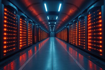 Poster - High-tech server room illuminated by red and blue lights showcasing advanced data storage technology
