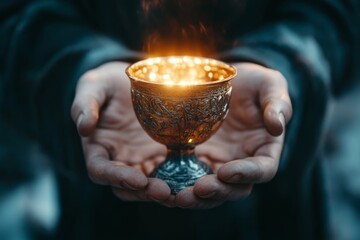 Poster - A magical golden chalice with glowing runes and jewels, radiating light as it hovers above a winner hands in an enchanted setting