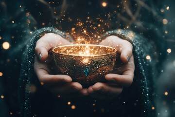 Poster - A magical golden chalice with glowing runes and jewels, radiating light as it hovers above a winner hands in an enchanted setting