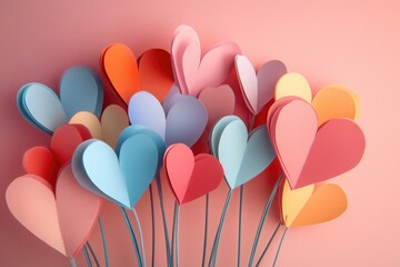 Wall Mural - Heart Shaped Paper Flowers Pink Background