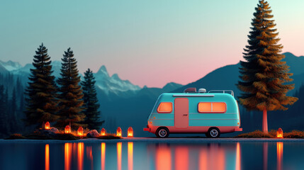 Poster - Off-Grid Living, A vintage camper van by a serene lake at sunset, surrounded by pine trees and glowing lanterns, creates a tranquil outdoor scene.